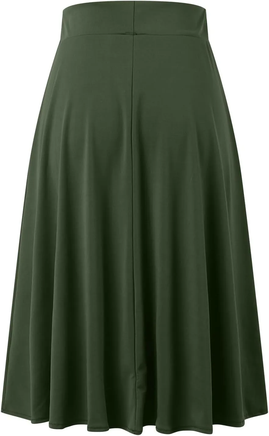 Women's Solid Basic Lightweight Midi Skirts Flare Knee Length Skirt Elastic Waist Office Pleated Skirt