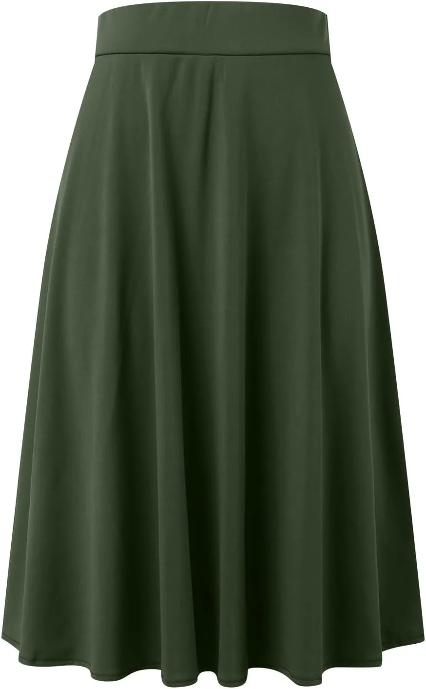 Women's Solid Basic Lightweight Midi Skirts Flare Knee Length Skirt Elastic Waist Office Pleated Skirt