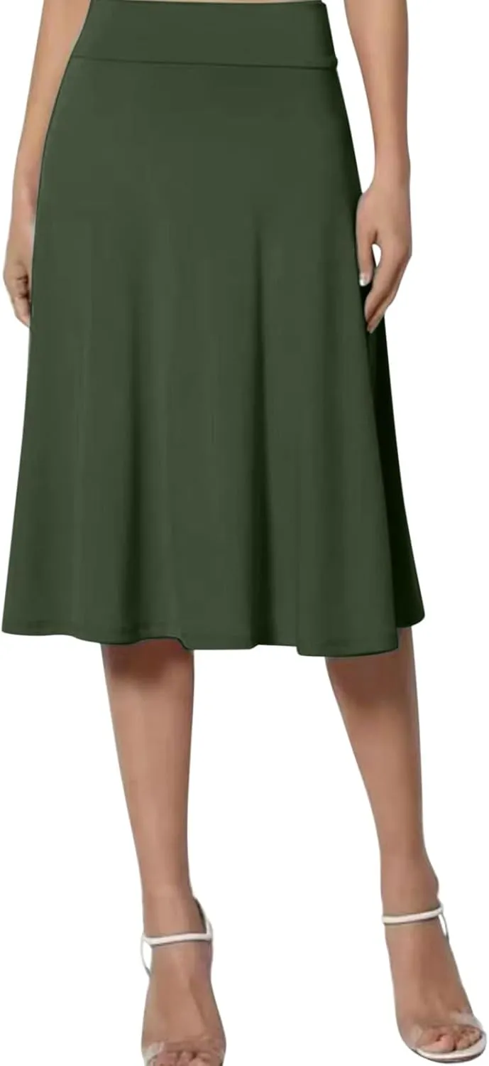 Women's Solid Basic Lightweight Midi Skirts Flare Knee Length Skirt Elastic Waist Office Pleated Skirt