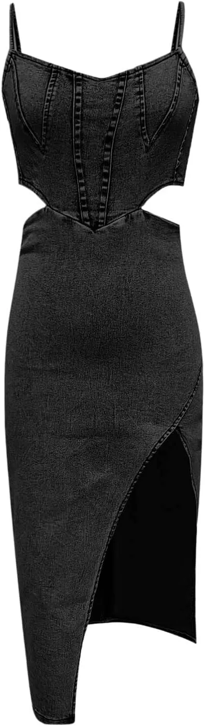 Women's Spaghetti Straps Slit Denim Dress Sexy High Cut Out Zip Back Distressed Backless Calf Length Jean Dress