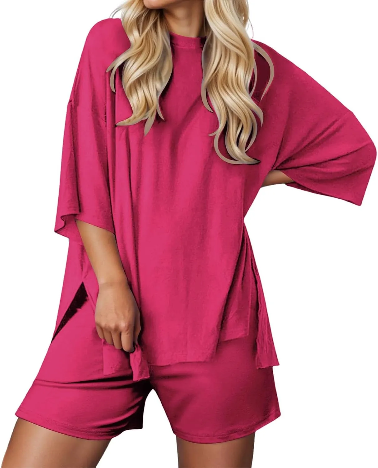 Womens Summer 2 Piece Outfits Casual Oversized 3/4 Sleeve Tshirts and Shorts Comfy Going Out Loungewear Matching Sets