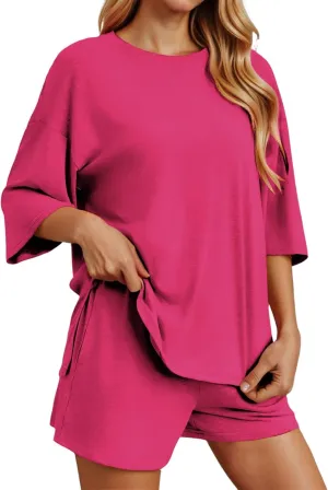 Womens Summer 2 Piece Outfits Casual Oversized 3/4 Sleeve Tshirts and Shorts Comfy Going Out Loungewear Matching Sets