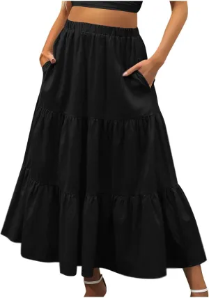 Womens Summer Boho Midi Skirt Flowy Swing Tiered A-Line Skirts with Pockets 2025 Trendy Ruffle Pleated Beach Dress