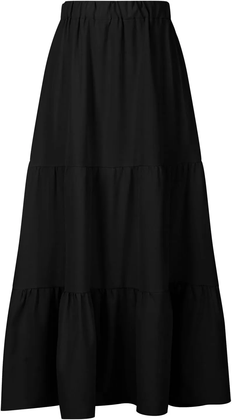 Womens Summer Boho Midi Skirt Flowy Swing Tiered A-Line Skirts with Pockets 2025 Trendy Ruffle Pleated Beach Dress
