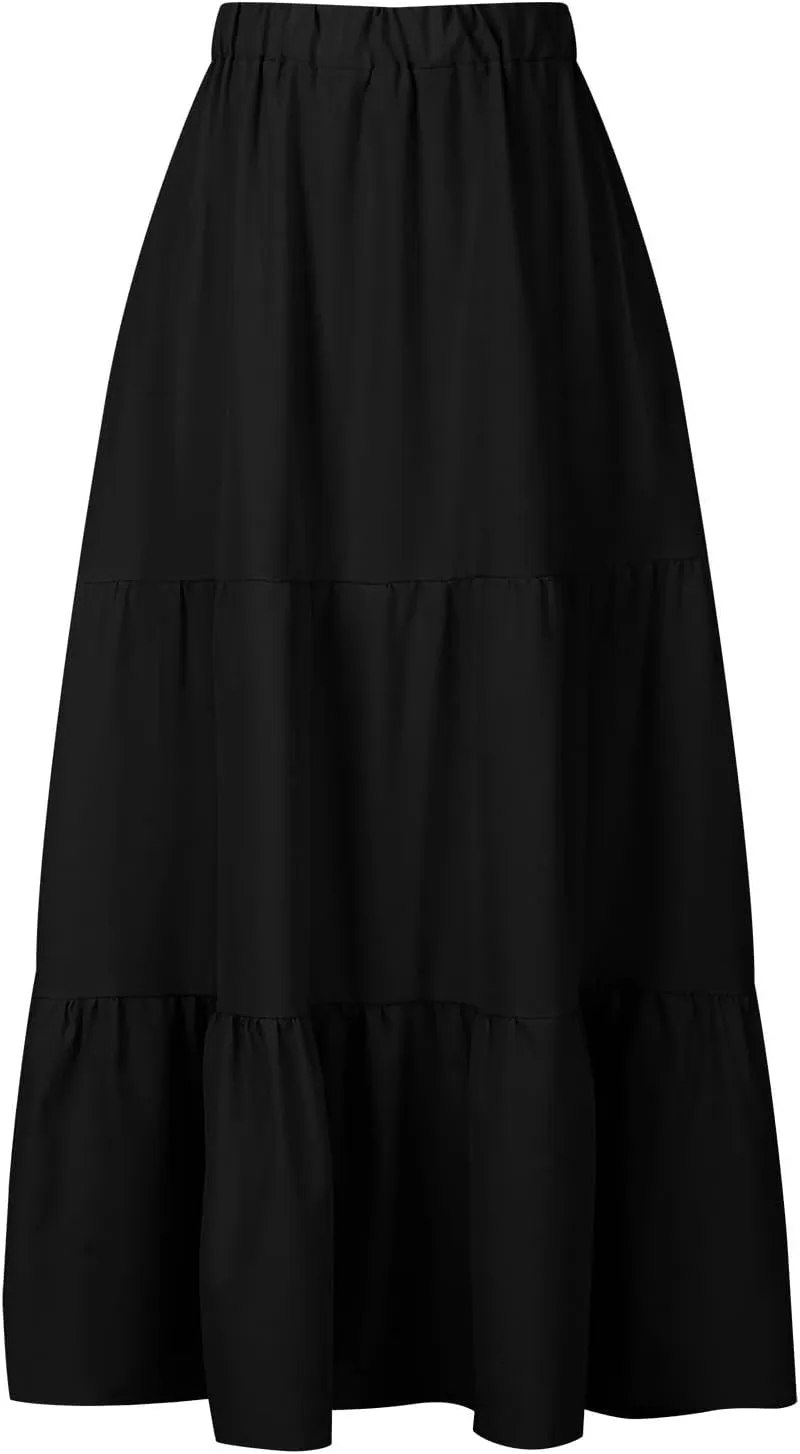 Womens Summer Boho Midi Skirt Flowy Swing Tiered A-Line Skirts with Pockets 2025 Trendy Ruffle Pleated Beach Dress