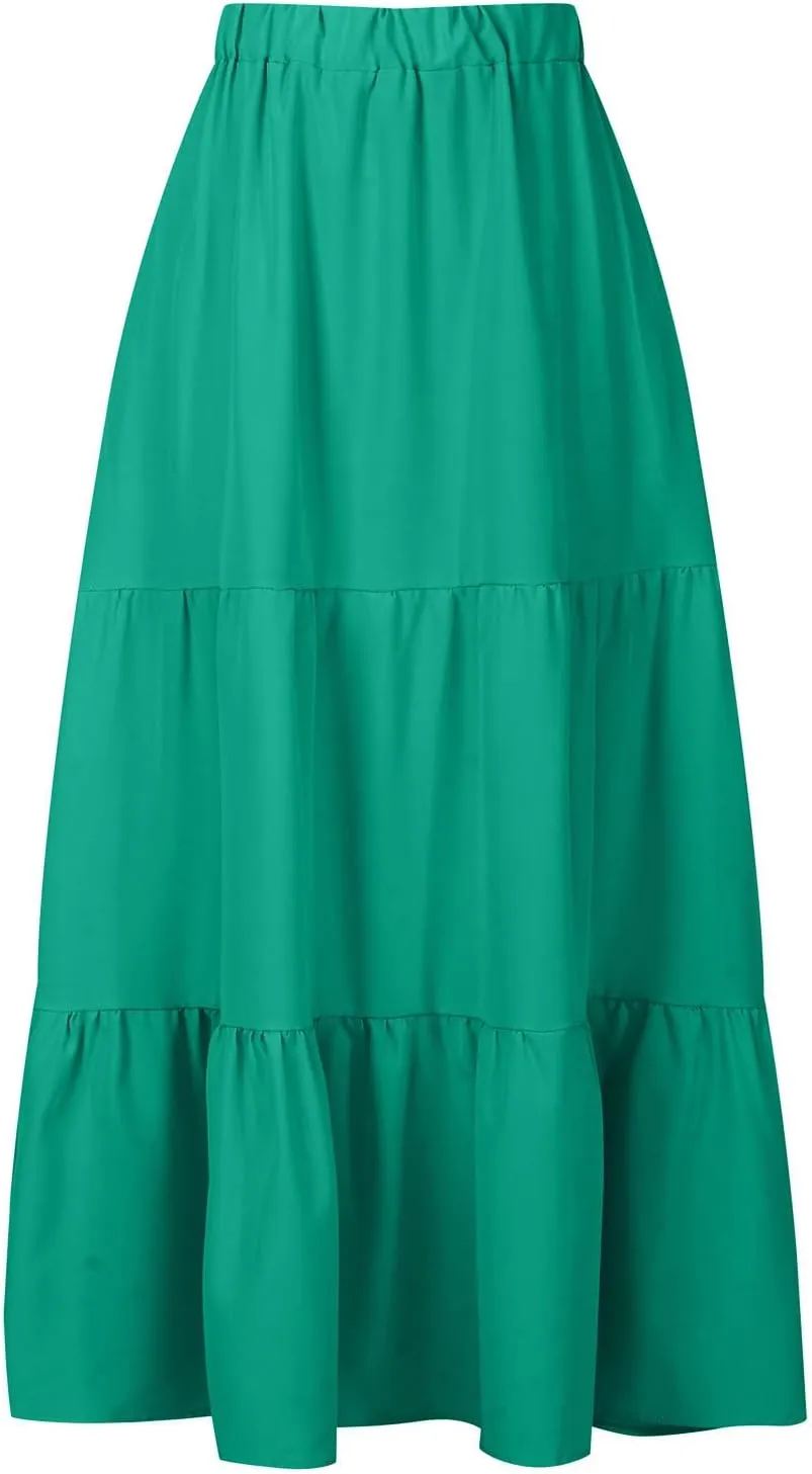 Womens Summer Casual Beach Skirts Elastic Waist Pleated A-Line Flowy Skirt with Pocket Basic Solid Midi Skirt