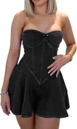 Women's Summer Denim Dress Sexy Strapless A Line Jean Dress Plated Bustier Corset Denim Mini Dress