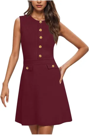 Women's Summer Sleeveless Button Crew Neck Midi Dresses Dressy Formal Wrap Dress Work Tank Sundress with Pockets