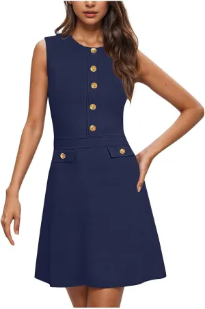 Women's Summer Sleeveless Button Crew Neck Midi Dresses Dressy Formal Wrap Dress Work Tank Sundress with Pockets