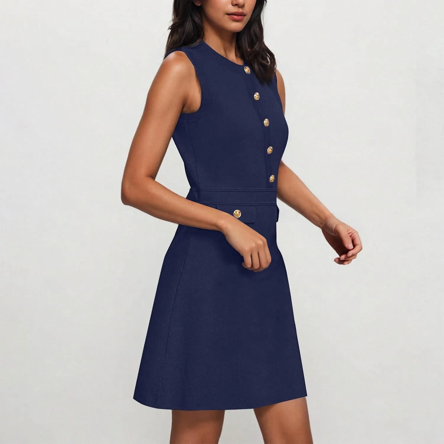 Women's Summer Sleeveless Button Crew Neck Midi Dresses Dressy Formal Wrap Dress Work Tank Sundress with Pockets