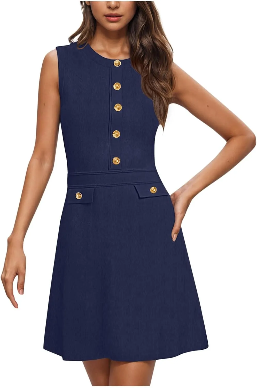 Women's Summer Sleeveless Button Crew Neck Midi Dresses Dressy Formal Wrap Dress Work Tank Sundress with Pockets