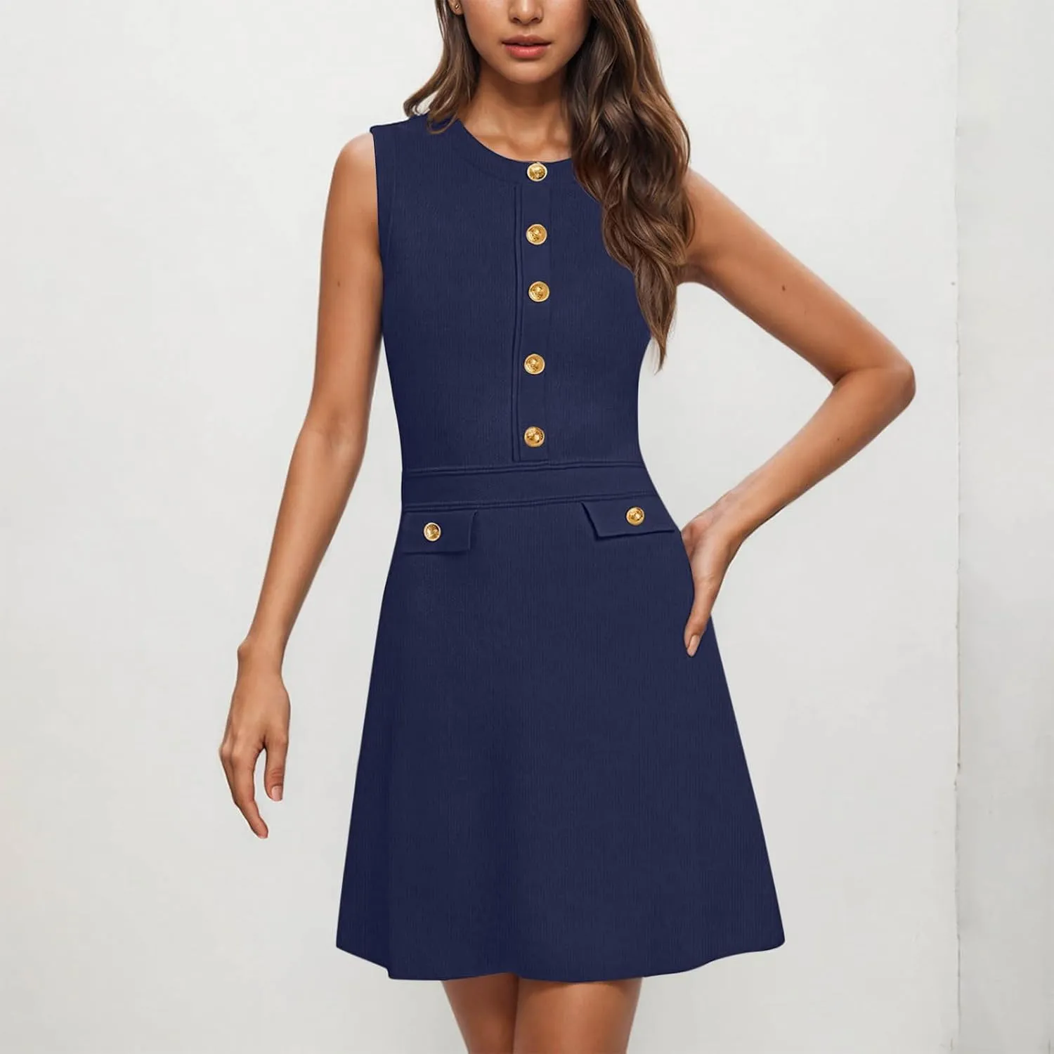 Women's Summer Sleeveless Button Crew Neck Midi Dresses Dressy Formal Wrap Dress Work Tank Sundress with Pockets