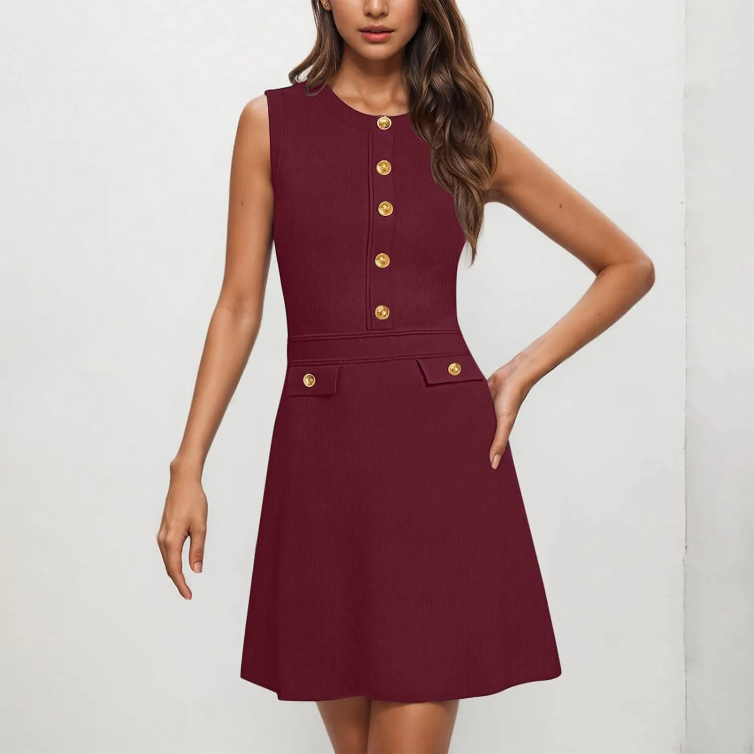 Women's Summer Sleeveless Button Crew Neck Midi Dresses Dressy Formal Wrap Dress Work Tank Sundress with Pockets