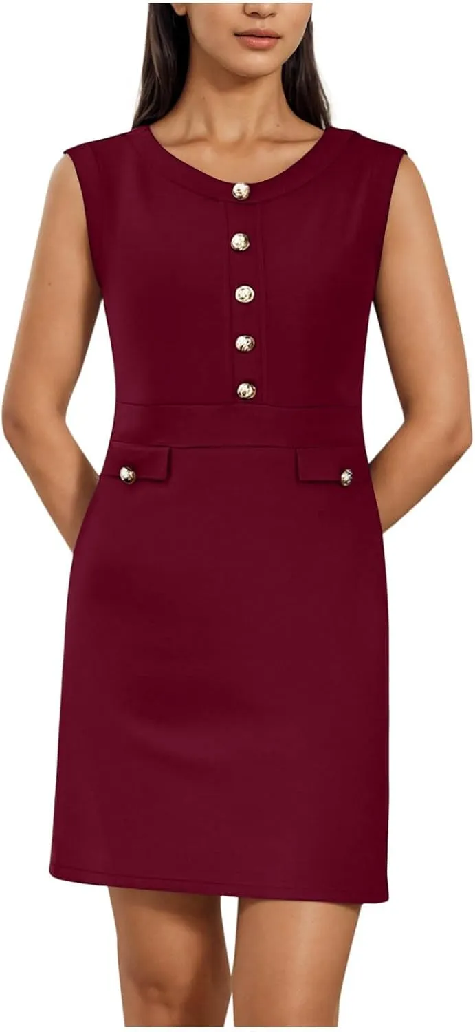 Women's Summer Sleeveless Button Crew Neck Midi Dresses Dressy Formal Wrap Dress Work Tank Sundress with Pockets