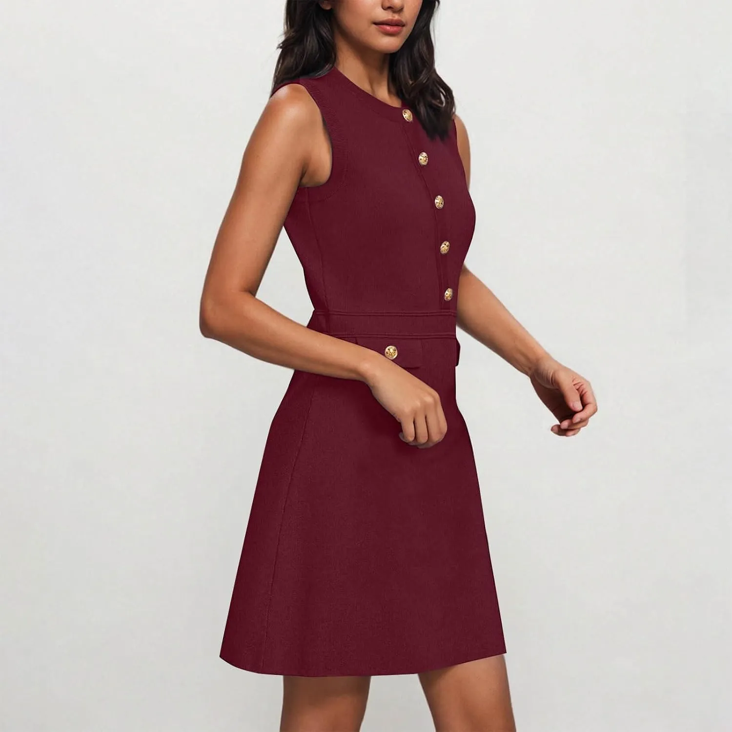 Women's Summer Sleeveless Button Crew Neck Midi Dresses Dressy Formal Wrap Dress Work Tank Sundress with Pockets