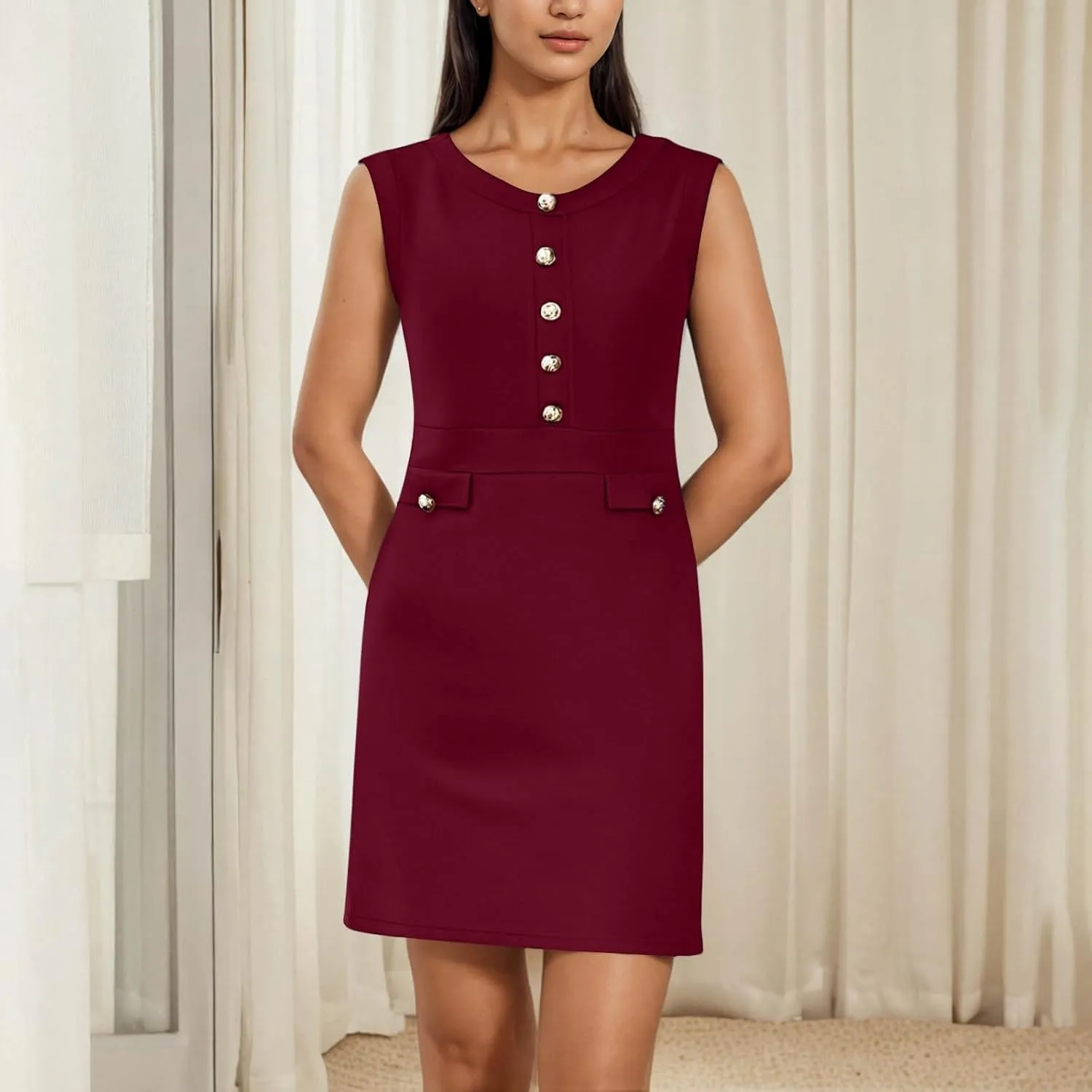 Women's Summer Sleeveless Button Crew Neck Midi Dresses Dressy Formal Wrap Dress Work Tank Sundress with Pockets