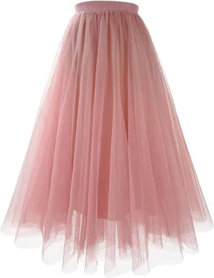 Womens Tulle Pleated Skirts Elastic High Waist Midi Length Tutu Skirts Prom Party Flowy Mesh A-Line Long Skirt