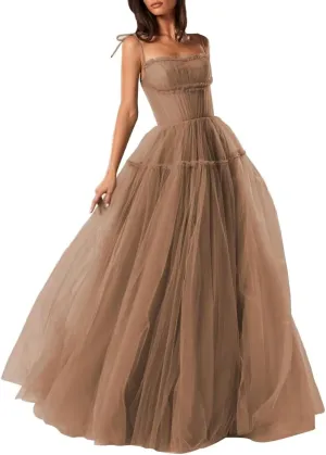 Women's Tulle Prom Dress A-Line Evening Party Gown 2025 Backless Bridesmaid Dresses Spaghetti Straps Princess Dress