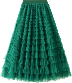 Womens Tulle Skirts Midi Elastic High Waist Pleated Mesh Flowy A-Line Long Tutu Skirts