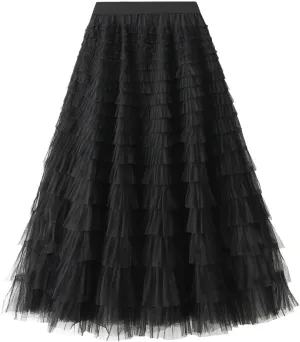 Womens Tulle Skirts Midi Elastic High Waist Pleated Mesh Flowy A-Line Long Tutu Skirts