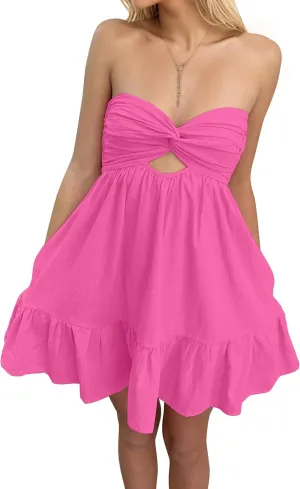 Women's Twist Front Cut Out Strapless Mini Dress Pleated Backless Ruffle A Line Bandeau 2024 Summer Tube Dress
