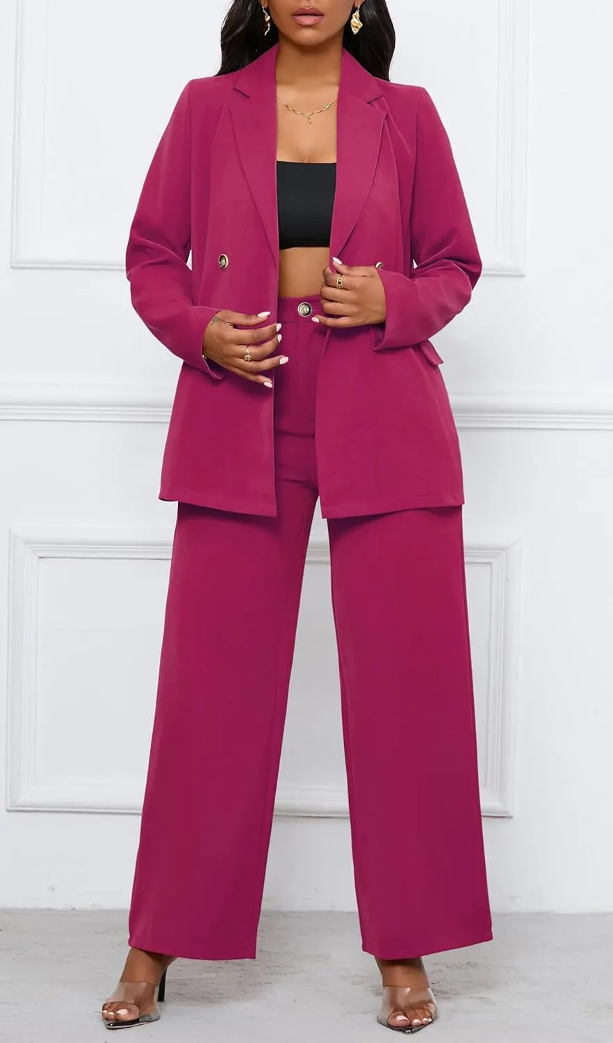 Women's Two Piece Outfits Casual Blazer Jacket Wide Leg Work Pants Business Suit Sets with Pocket