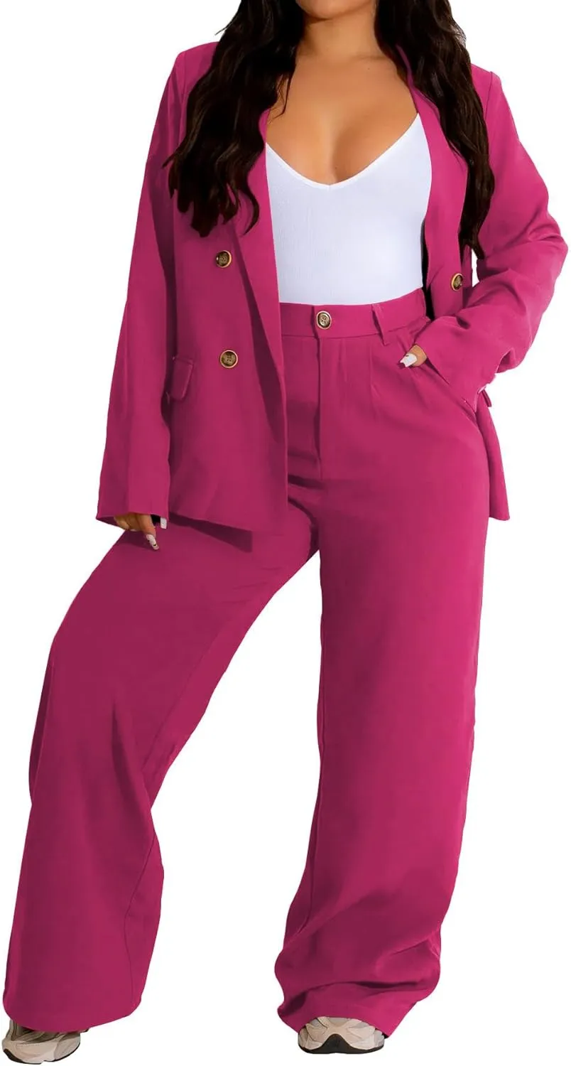 Women's Two Piece Outfits Casual Blazer Jacket Wide Leg Work Pants Business Suit Sets with Pocket