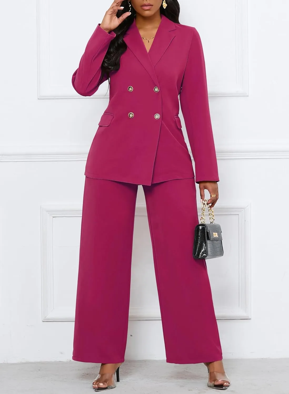Women's Two Piece Outfits Casual Blazer Jacket Wide Leg Work Pants Business Suit Sets with Pocket