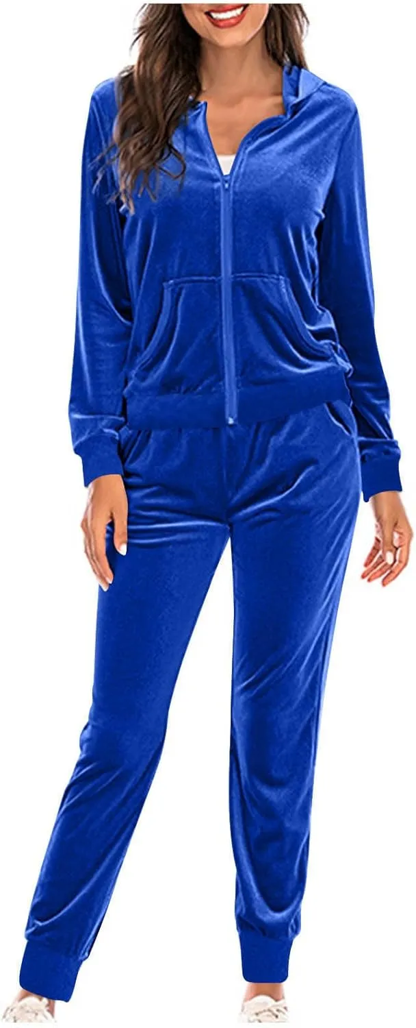 Women's Velour Tracksuits 2 Piece Outfits Trendy Velvet Hoodie & Sweatpants Sweatsuit Set Fall Winter Sportswear