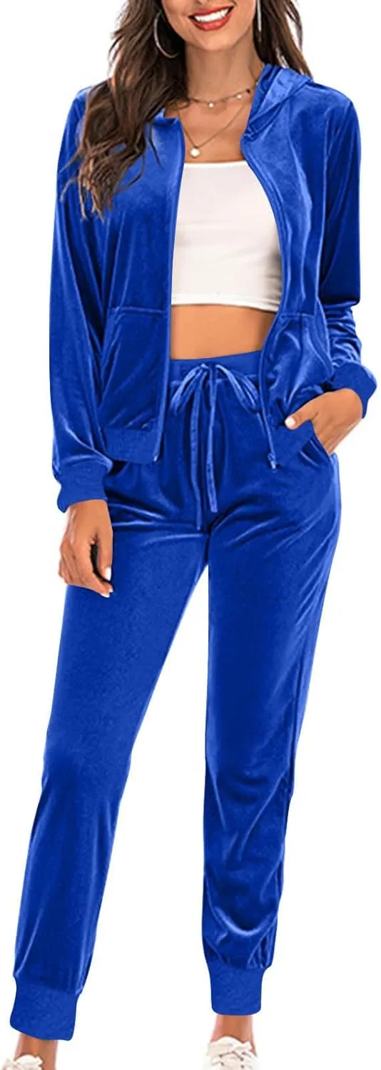 Women's Velour Tracksuits 2 Piece Outfits Trendy Velvet Hoodie & Sweatpants Sweatsuit Set Fall Winter Sportswear