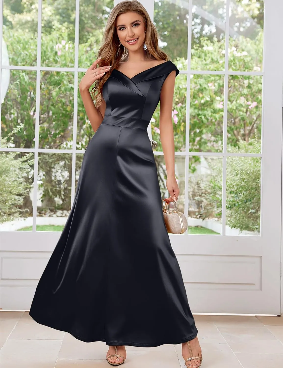 Women's Vintage 1950s V Neck Satin Cocktail Bridesmaid Floor Length Dress