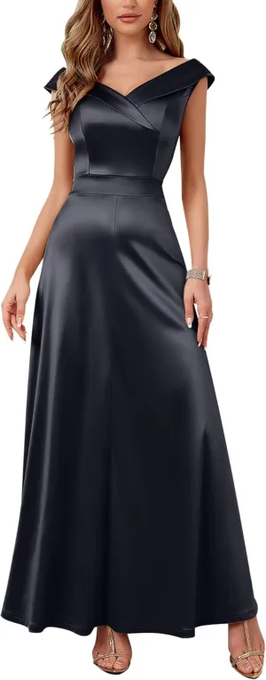 Women's Vintage 1950s V Neck Satin Cocktail Bridesmaid Floor Length Dress