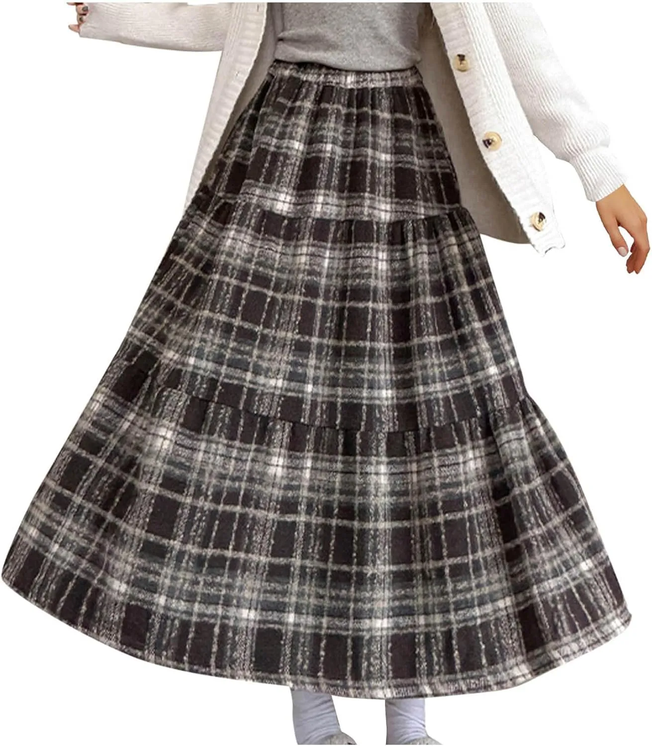 Women's Woolen Blend Swing Maxi Skirt, Fashion Tiered Ruffle Smocked Casual Clothes High Waisted Comfy Trendy Skirts