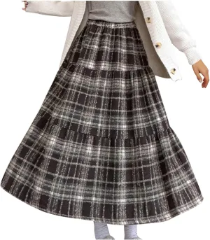 Women's Woolen Blend Swing Maxi Skirt, Fashion Tiered Ruffle Smocked Casual Clothes High Waisted Comfy Trendy Skirts