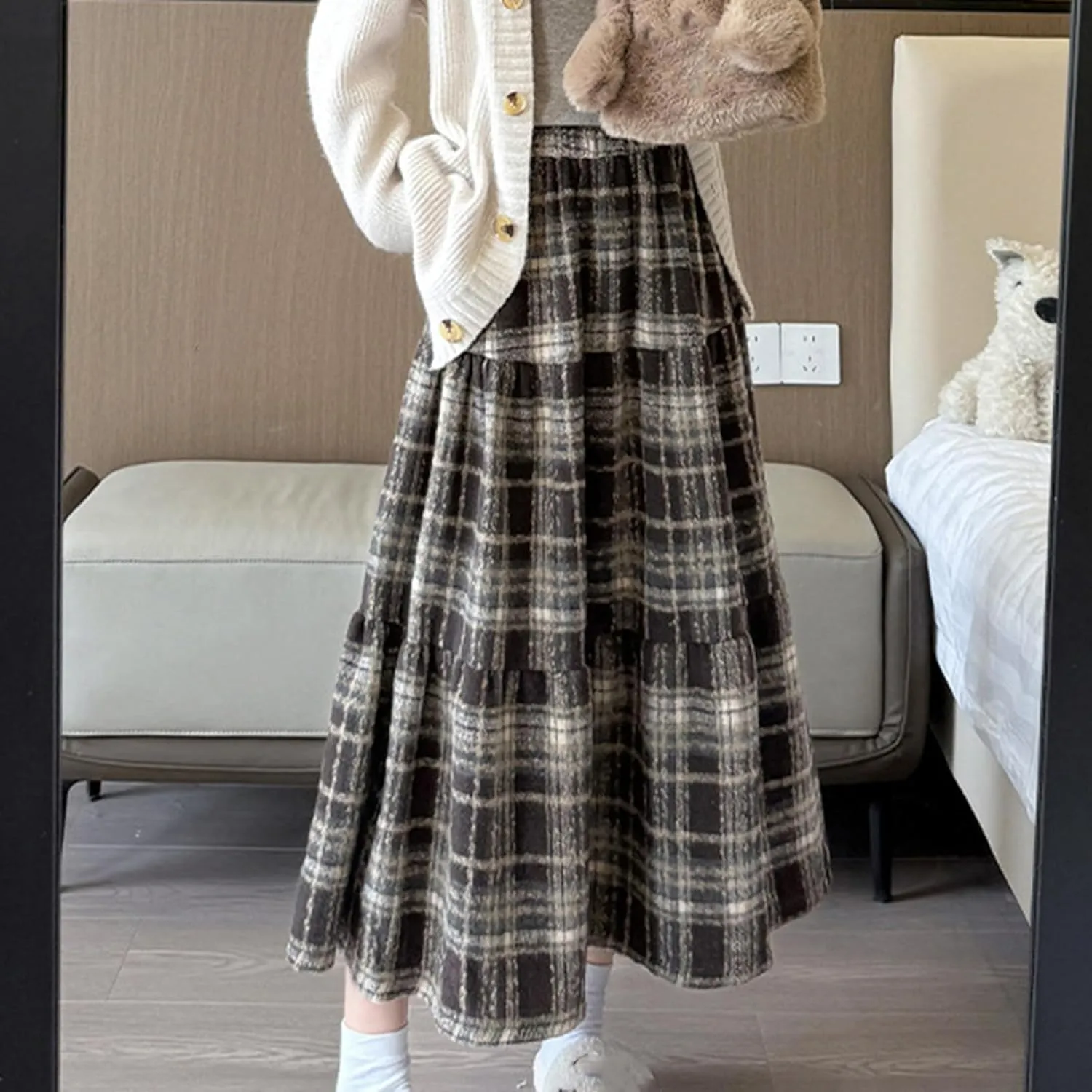 Women's Woolen Blend Swing Maxi Skirt, Fashion Tiered Ruffle Smocked Casual Clothes High Waisted Comfy Trendy Skirts