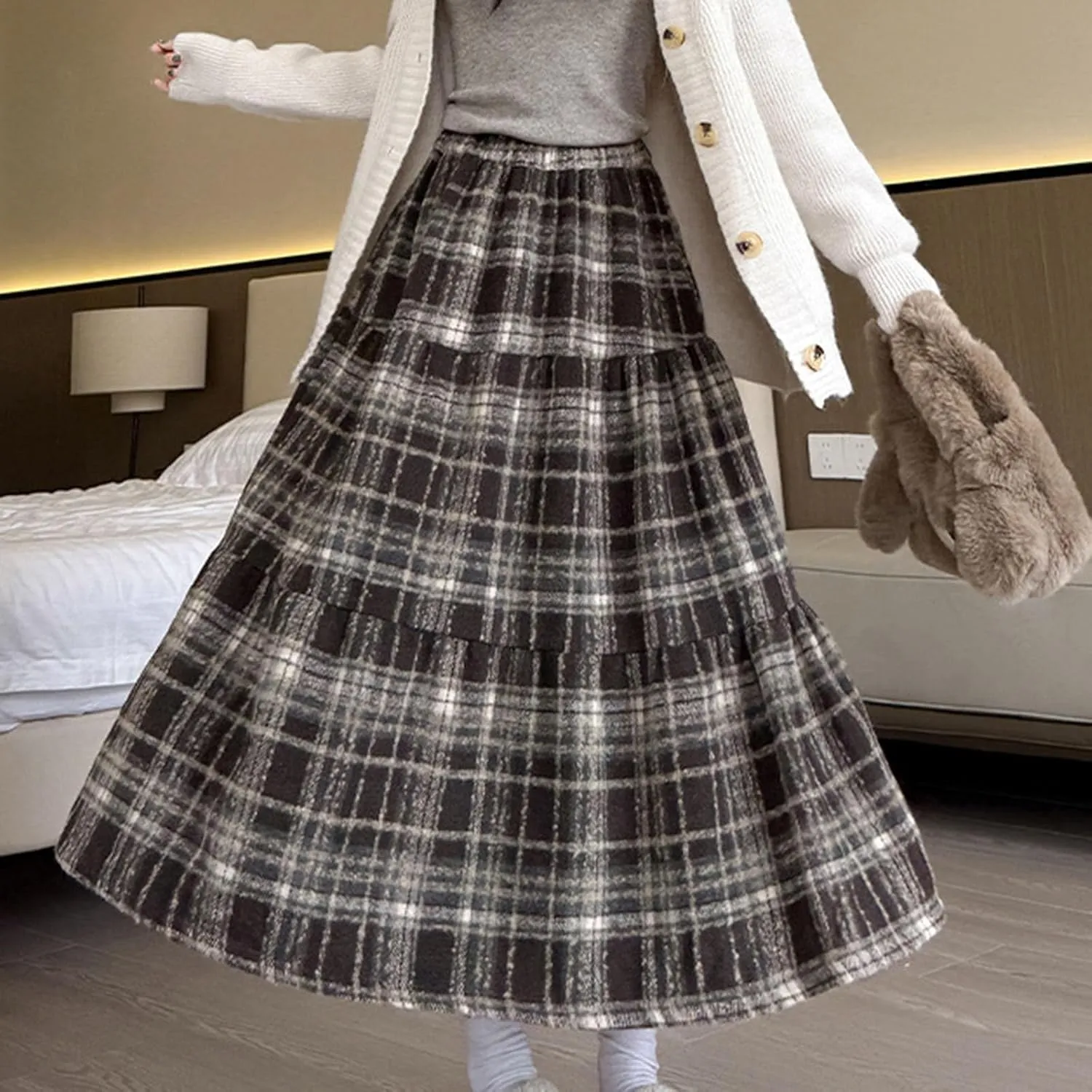 Women's Woolen Blend Swing Maxi Skirt, Fashion Tiered Ruffle Smocked Casual Clothes High Waisted Comfy Trendy Skirts