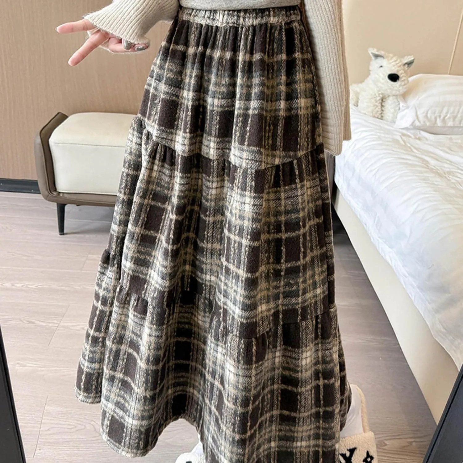 Women's Woolen Blend Swing Maxi Skirt, Fashion Tiered Ruffle Smocked Casual Clothes High Waisted Comfy Trendy Skirts