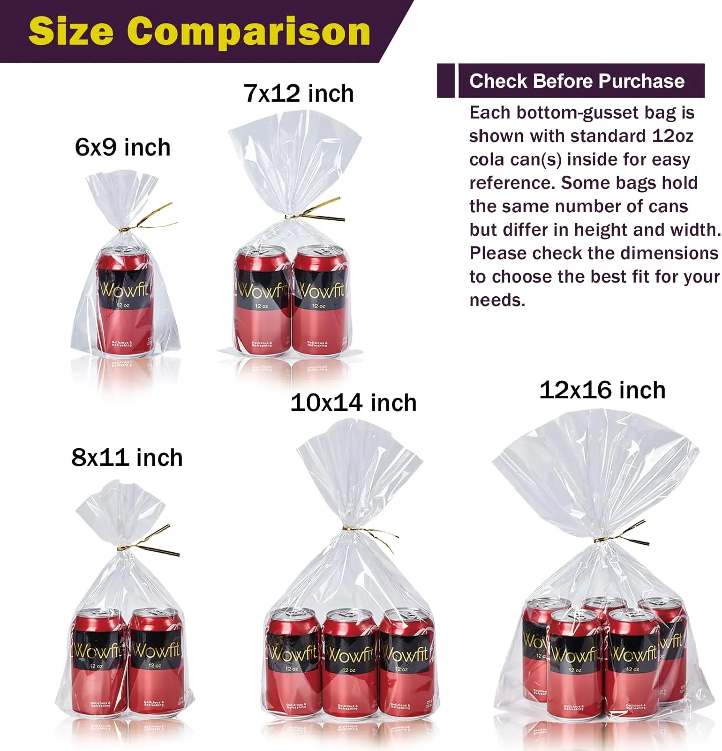Wowfit 50 CT 10x14 inches Clear Bottom Gusset Cellophane Gift Bags with 6" Gold Twist Ties, Cello Packaging for Party Favors, Bridal Showers, and Wedding Gift Wrapping