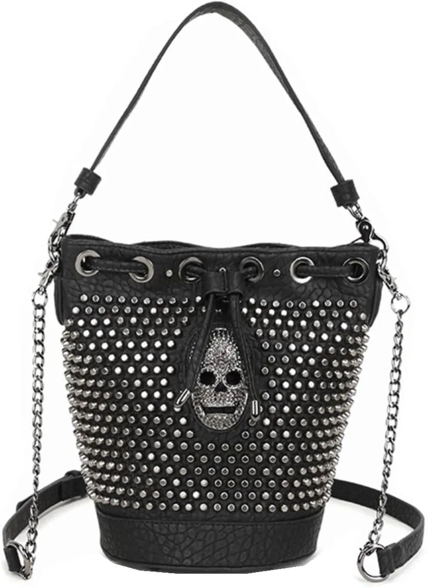 YAQUNICER Women Skull Rivets Hobo Handbag Drawstring Shoulder Bucket Bags Wallet