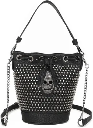 YAQUNICER Women Skull Rivets Hobo Handbag Drawstring Shoulder Bucket Bags Wallet