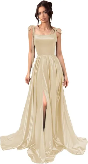 YMSHA Women's Satin Bridesmaid Dresses with Slit 2025 Long Satin A Line Formal Gowns with Pockets PM10