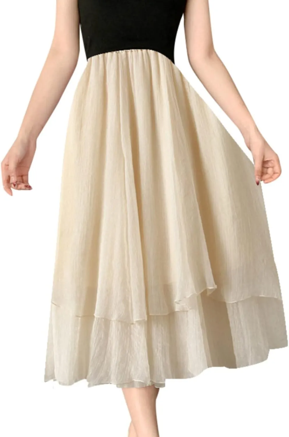 YOLAI Women Cotton and Linen Skirt Solid Color Casual Pleated Skirt Elastic Waist Drawstring A-Line Swing Skirt
