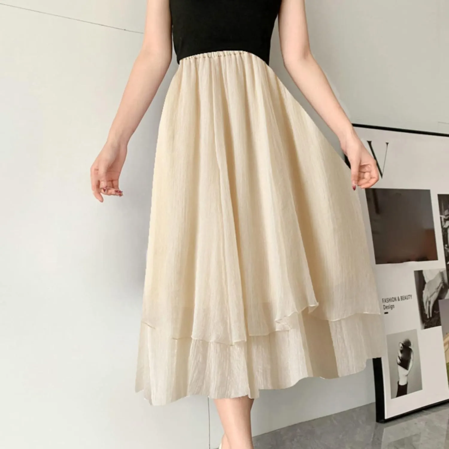 YOLAI Women Cotton and Linen Skirt Solid Color Casual Pleated Skirt Elastic Waist Drawstring A-Line Swing Skirt