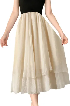 YOLAI Women Cotton and Linen Skirt Solid Color Casual Pleated Skirt Elastic Waist Drawstring A-Line Swing Skirt