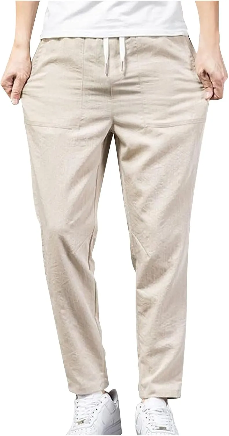 YUHGODO Straight-Leg Pants for Men Elastic Waist Drawstring Lightweight Comfy Trousers Slim-Fit Stretch Golf Pant for Work