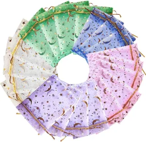 yuntop 100Pcs Moon Star Organza Jewelry Candy Pouch, Gift Bags Pouches for Wedding Party Valentine's Day (Mixed Color, 3.5 x 4.7 inch)